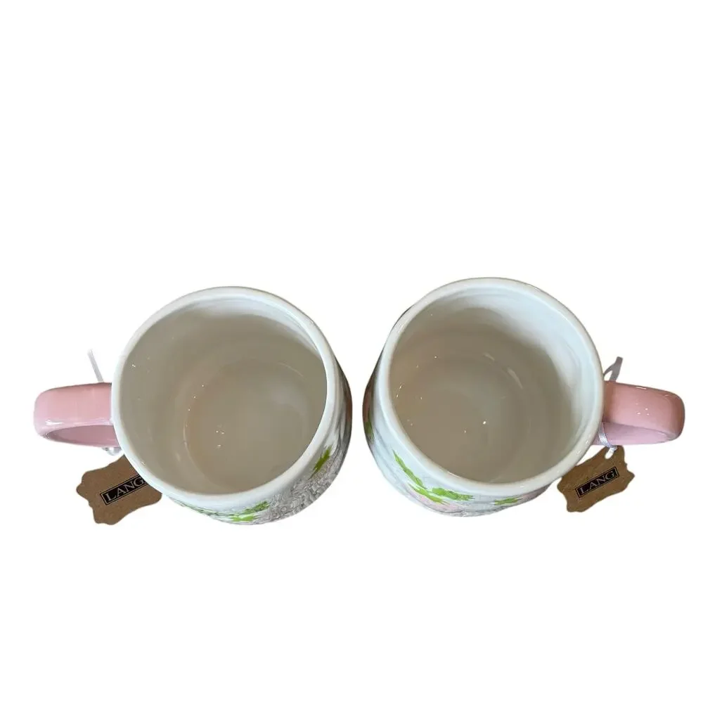 Lang Hand Painted PINK STRAWBERRY Ceramic Coffee Tea Mugs Set of 2 New